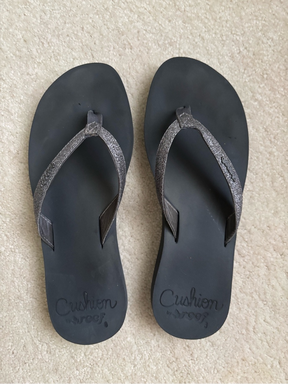 Reef Women's Black Flip Flop Sandals with Metallic Gray Straps